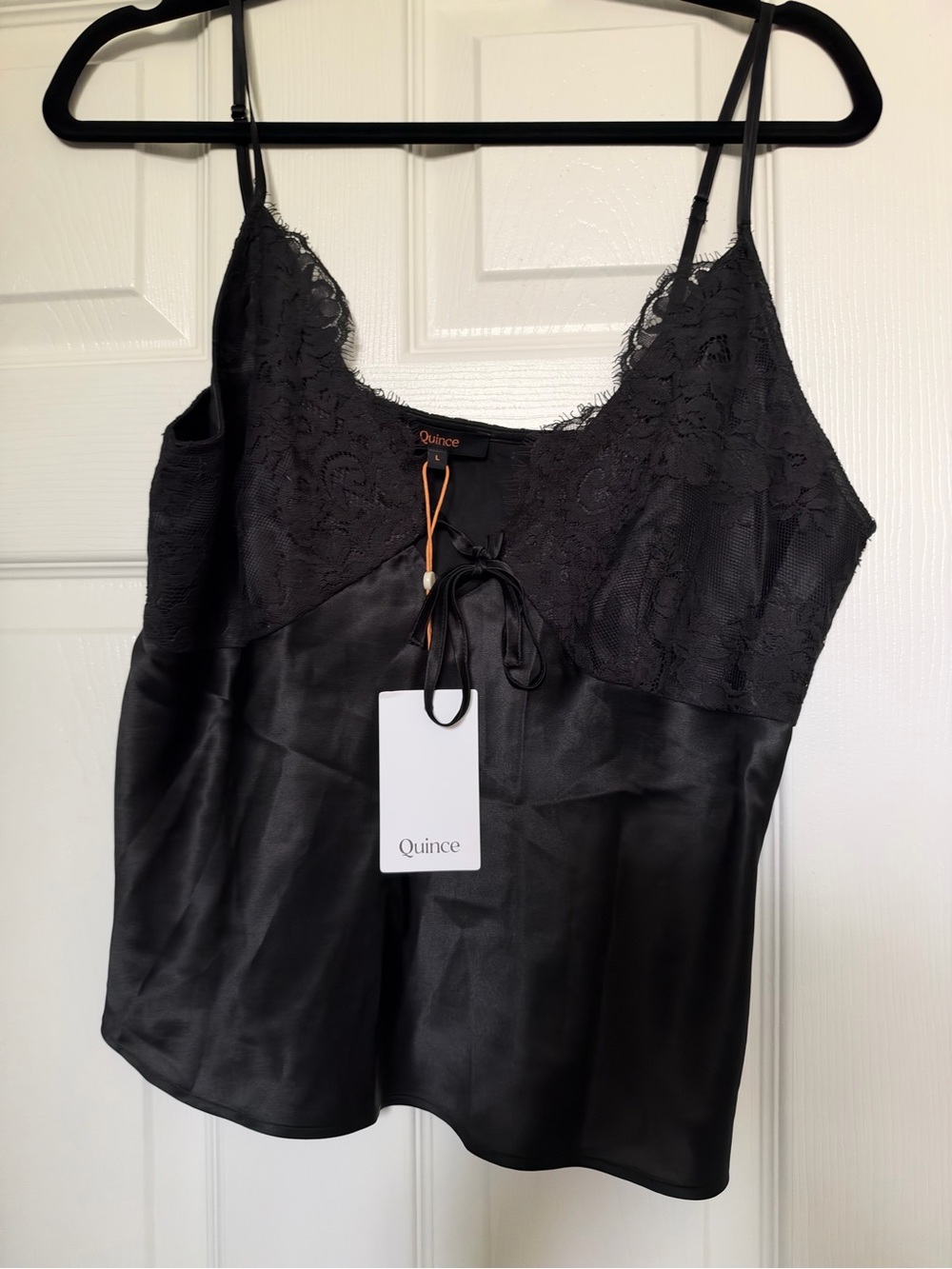 New Quince Black Lace-Trim 100%Silk black Camisole Top